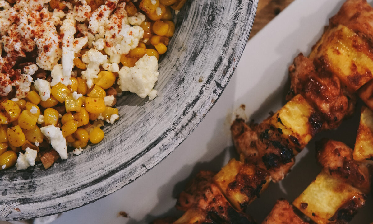 BBQ Chicken Kabobs with Corn, Feta and Walnut Salad