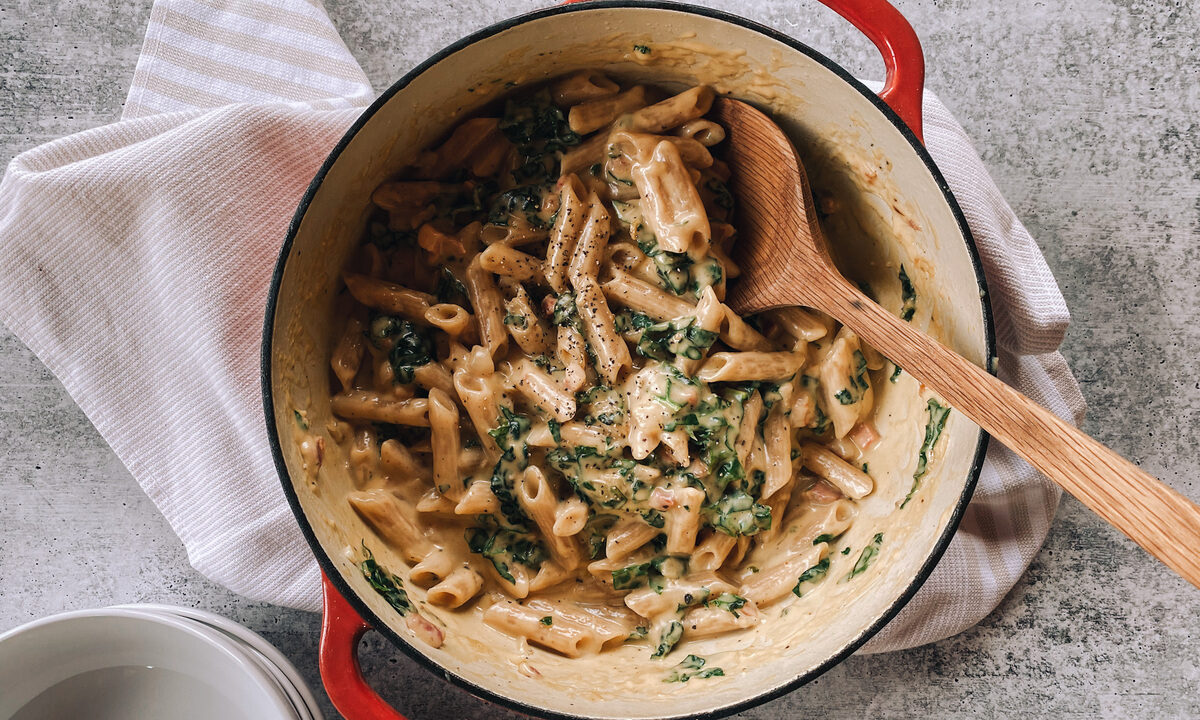 Creamy Cassava Pasta with Pancetta and Kale